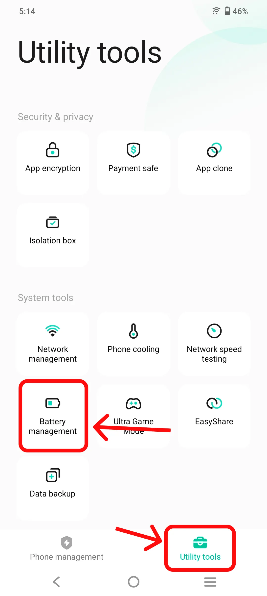 Open the Utility tools tab, then tap Battery management.