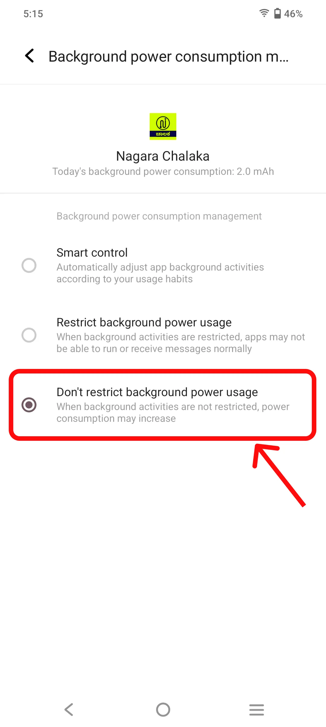 Select the Don't restrict background power usage option.